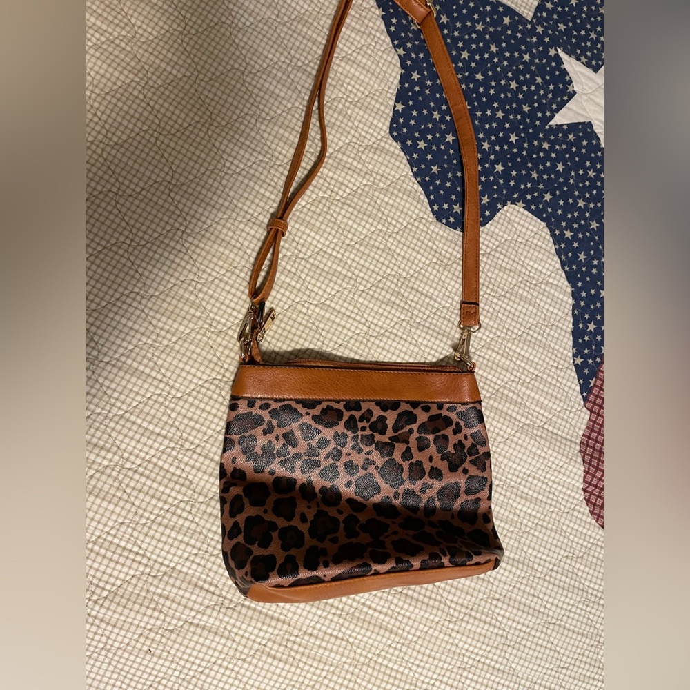Crossbody bag, cognac and leopard imitation leather